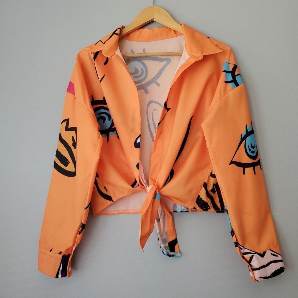 Orange Eyelash Print Long Sleeve Cropped Tie Unique Blouse Womens XL